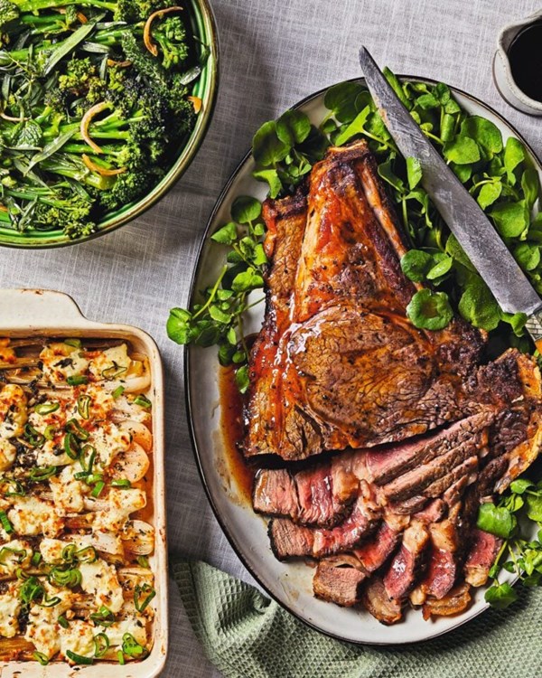 Rib of beef with young onions, goat’s cheese and purple sprouting broccoli 