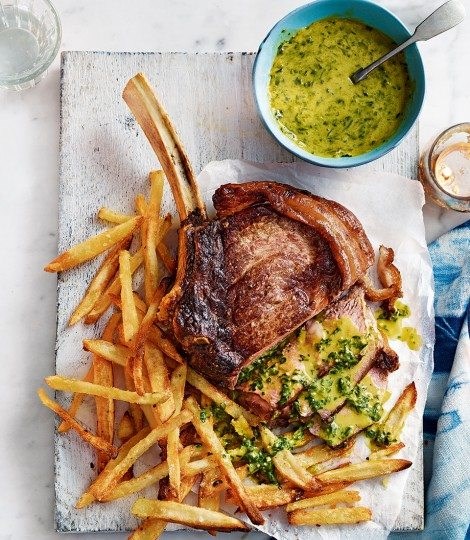 Rib steak for two with pesto Hollandaise and skinny oven chips