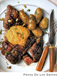 Rib steak with bell pepper purée, cilantro, and pine nuts