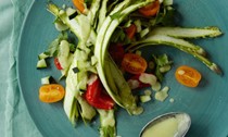 Ribboned asparagus salad with avocado dressing