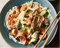 Ribboned veg, noodles & chilli prawn salad with tahini coriander dressing