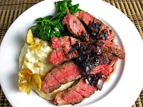 Ribeye steak in red wine sauce