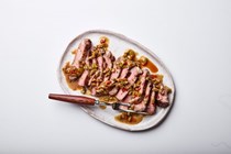 Ribeye with olive-white wine pan sauce