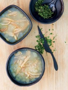 Rice & chicken soup with chayote & a mint, lemon & garlic gremolata (Canja de galinha Nikkei com chuchu)