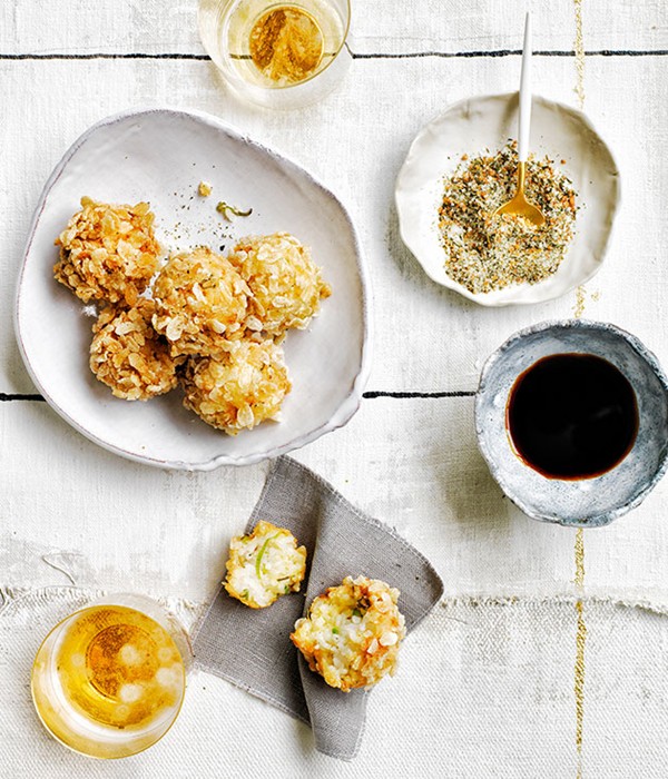 Rice and crab fritters with genmaicha sauce