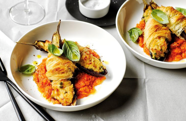 Rice and eggplant timbale with kataifi and tomato sugo