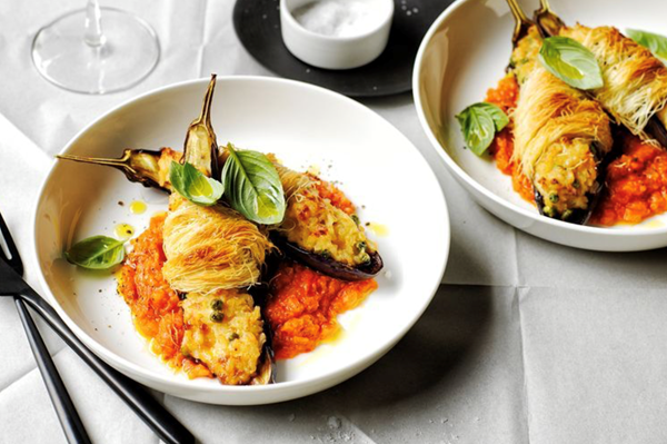 Rice and eggplant timbale with kataifi and tomato sugo