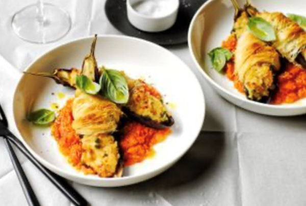 Rice and eggplant timbale with kataifi and tomato sugo