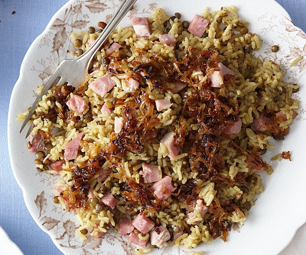 Rice and lentils with ham
