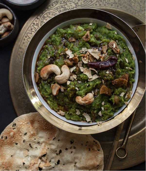 Rice and lentils with spice and garlic-infused spinach (Lehsuni palak khichdi)