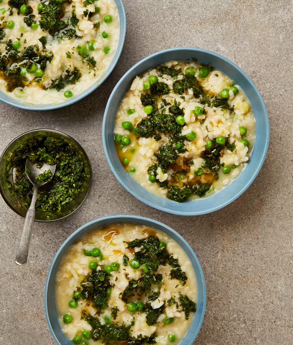 Rice and peas with mint and sesame oil