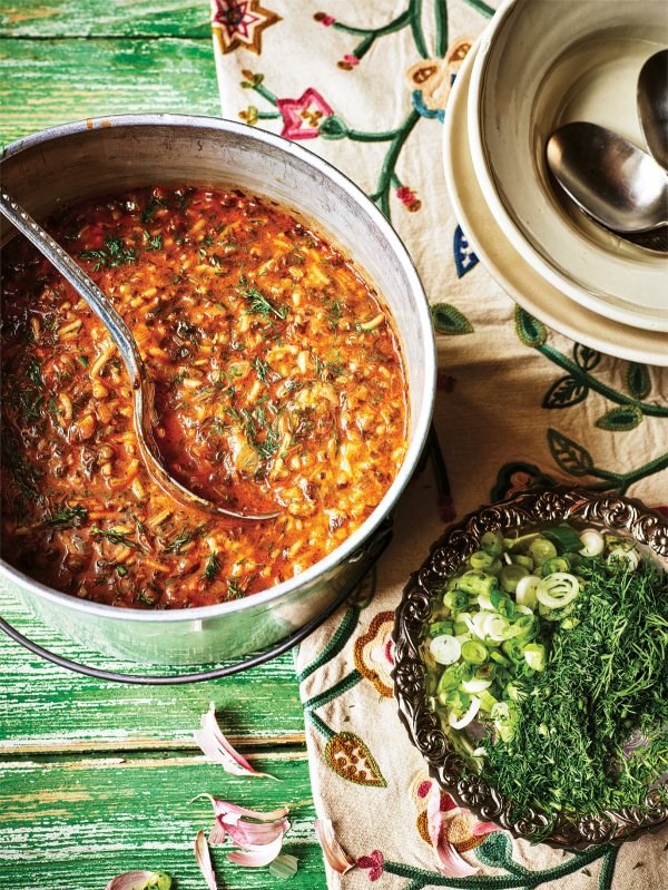 Rice and vegetable aash with puy lentils