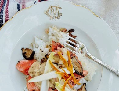 Rice bowl with salmon, endive, shiitake, and tasso rémoulade