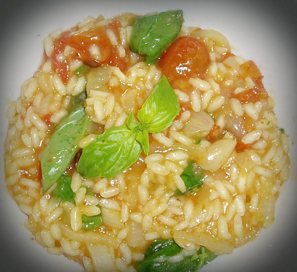 Rice cooker oven roasted cherry tomato and basil risotto