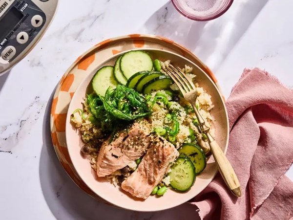 Rice cooker salmon and rice bowls
