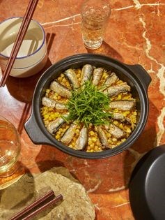 Rice cooker sardine rice with grated ginger, sweet corn & green onions [Naoko Takei Moore]