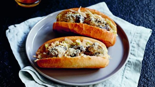Rice flour-crusted oyster po' boy with Sriracha mayo