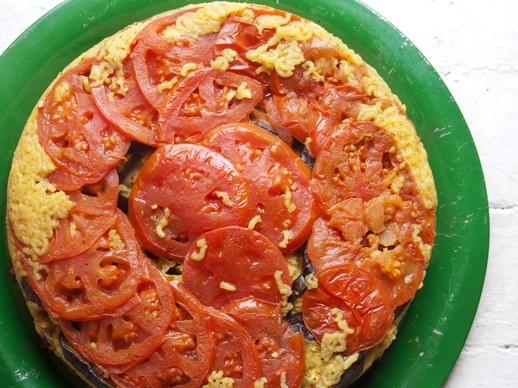 Rice layered with tomatoes, eggplant, and cauliflower (Vegetarian maqluba)