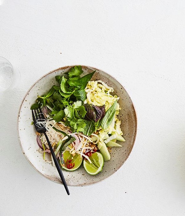 Rice noodle bowl with herbs and chilli-lime dressing