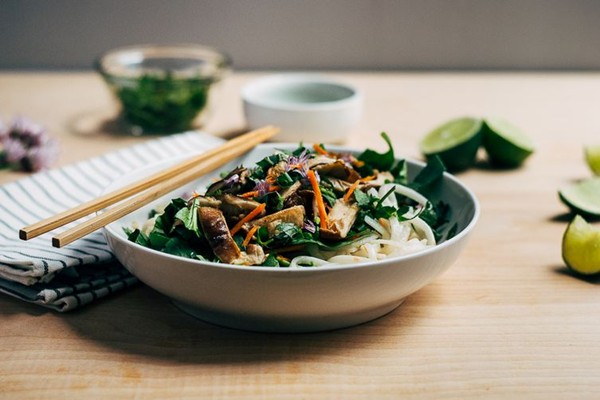 Rice noodle salad with fresh spring vegetables and tahini-lime dressing