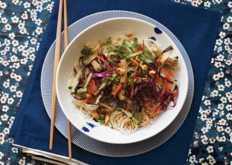 Rice noodle salad with smoked tofu and herbs