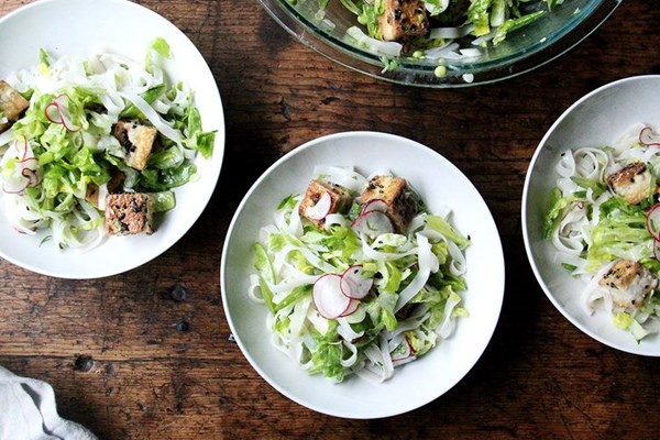 Rice noodles with herbs, radishes, snap peas and creamy nuoc cham