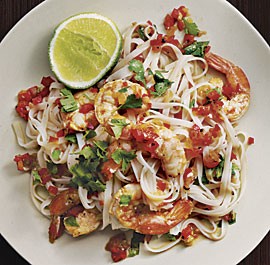 Rice noodles with shrimp and cilantro