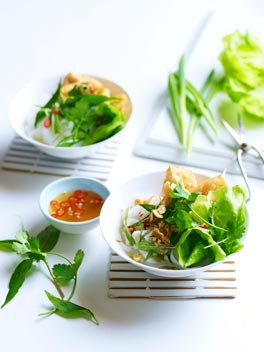 Rice noodles with tofu puffs, Asian herbs and nouc cham