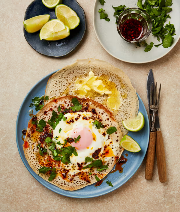 Rice pancakes with egg and chilli oil