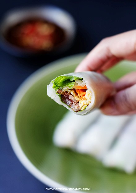 Rice paper rolls (Lap cheong, carrot  and kohlrabi) with hoisin dipping sauce