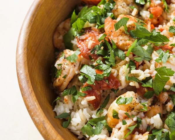 Rice pilaf with shrimp and roasted tomatoes