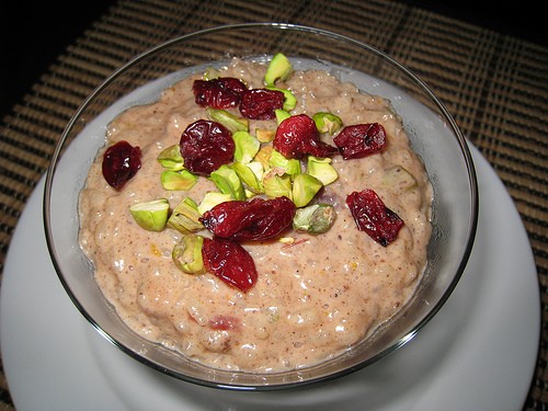 Rice pudding with cranberries and pistachios