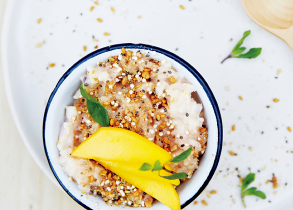 Rice pudding with ginger, amaranth, and mango