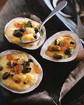 Rice pudding with pistachios, raisins, and saffron (Paal payasam)