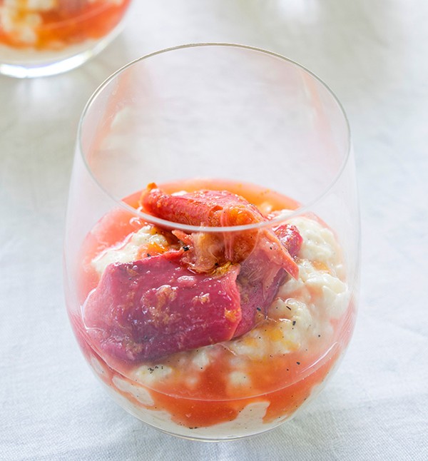 Rice pudding with poached rhubarb