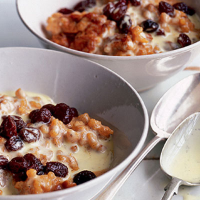 Rice pudding with raisin custard