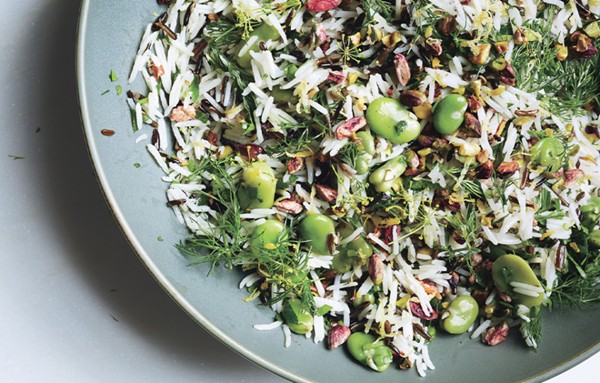 Rice salad with fava beans and pistachios