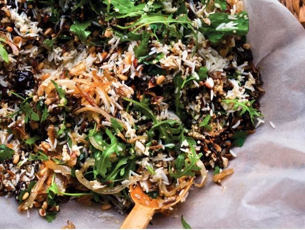 Rice salad with nuts and sour cherries