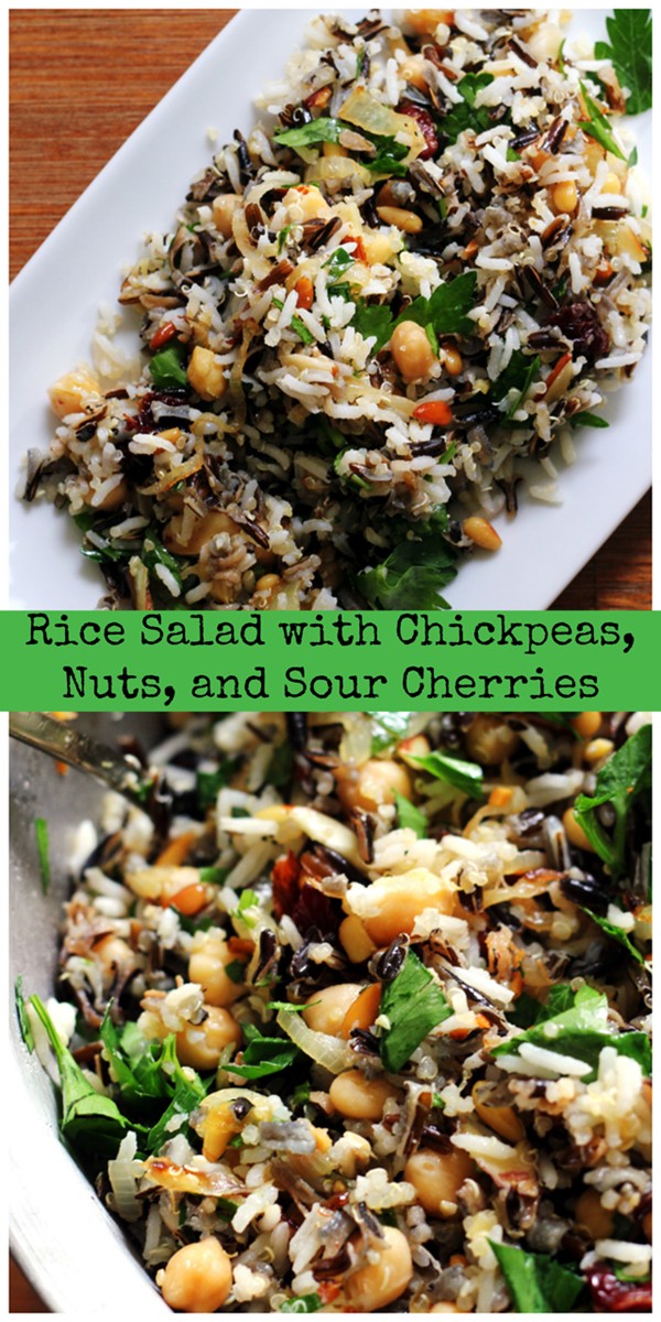 Rice salad with nuts, chickpeas, and sour cherries