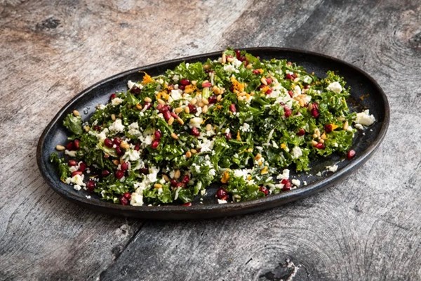Rice salad with pomegranate, feta, toasted pine nuts and orange vinaigrette
