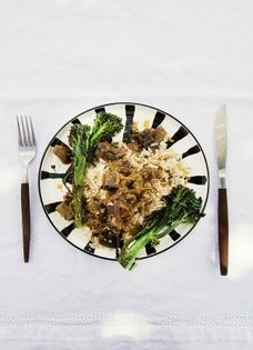 Rice salad w/marinated eggplant, Tajín oil + broccolini