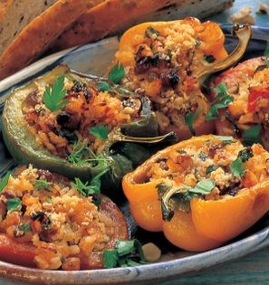 Rice-stuffed tomatoes and peppers