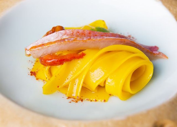 Rice tagliatelle, red mullet, peppers and bottarga