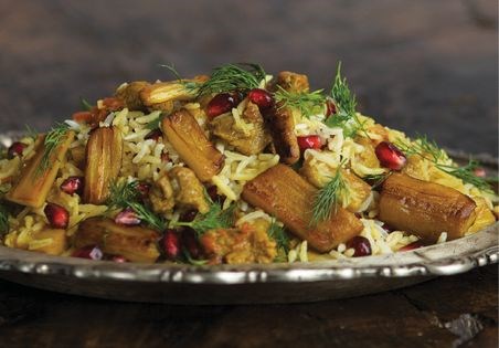 Rice with eggplant and pomegranate (Bademjan polow)