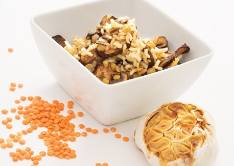 Rice with roasted garlic, lentils, and mushrooms