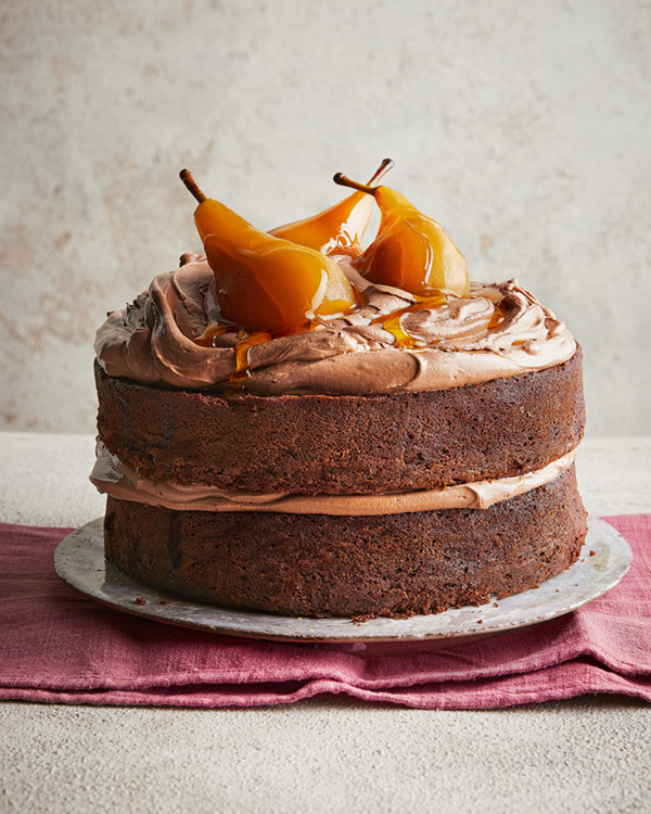 Rich chocolate cake with caramel poached pears and chocolate buttercream