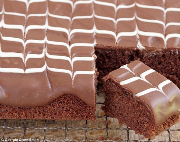 Rich chocolate tray bake with feathered icing
