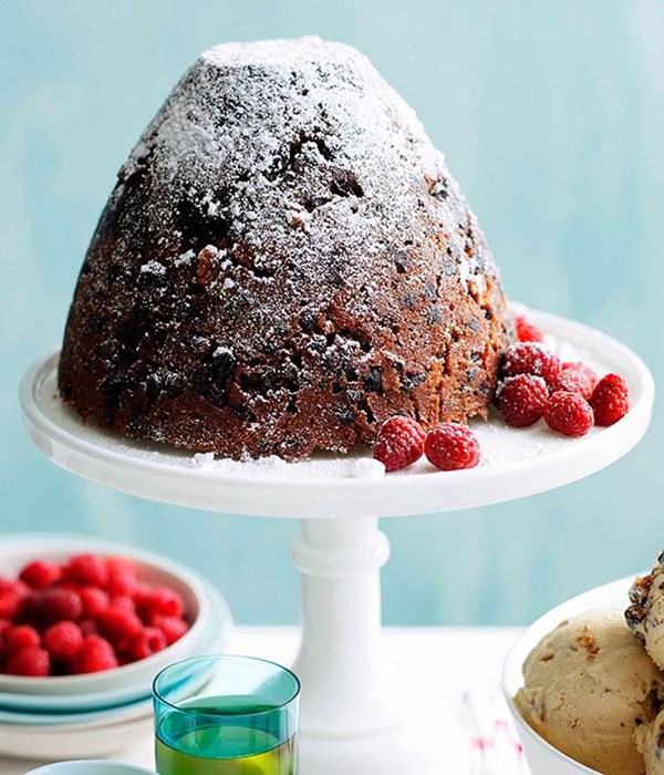 Rich Christmas pudding with muscat custard