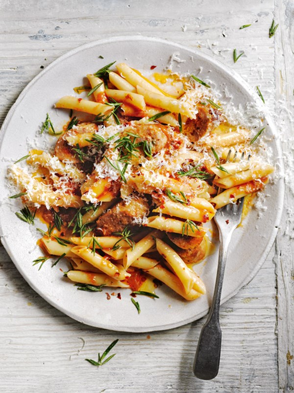 Rich tomato, red wine and sausage penne