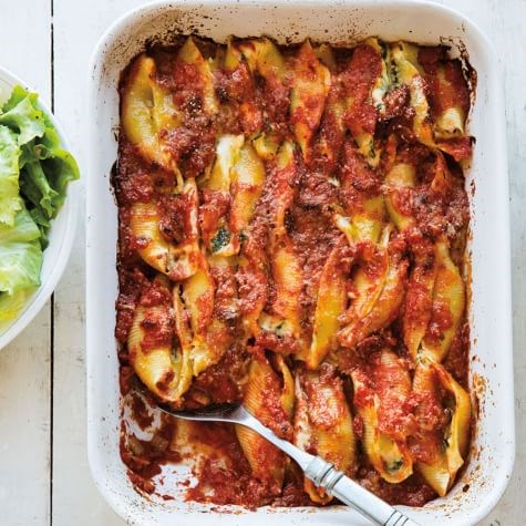 Ricotta & arugula stuffed shells with meat sauce
